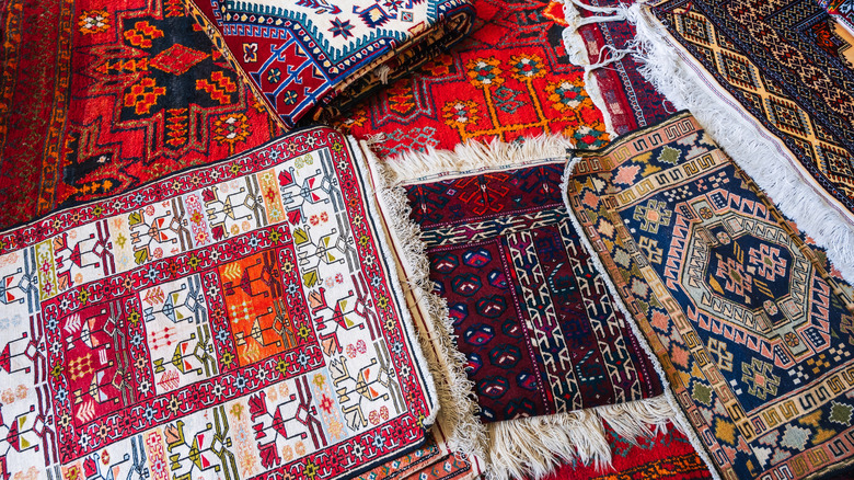 traditional oriental Turkmen handmade carpets at the bazaar in Turkmenistan
