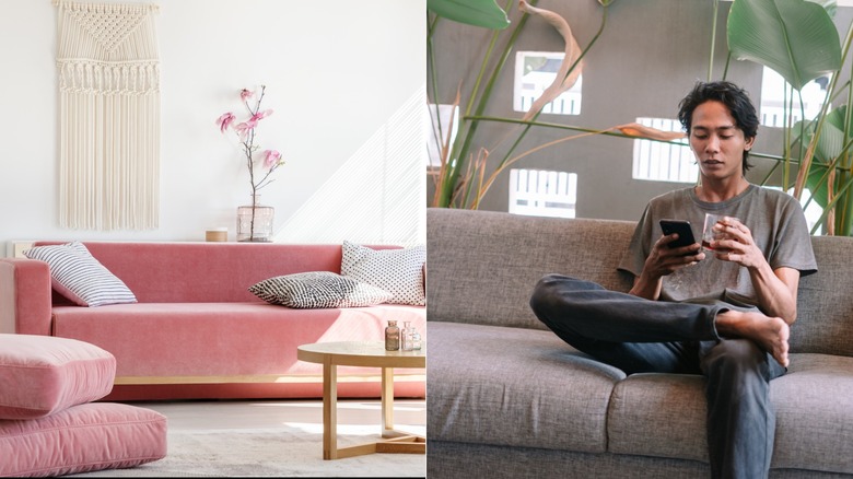 A split image of a room with a millennial pink couch and a millennial gray couch with a person sitting on it.