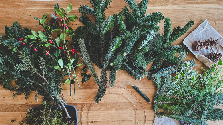 Array of fresh evergreen boughs on table.