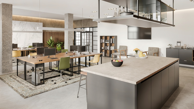 A gray industrial kitchen with gray flooring