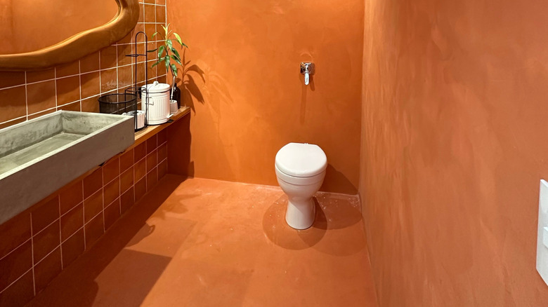 A bathroom with painted terracotta floor and walls, and terracotta tiles around the basin and mirror