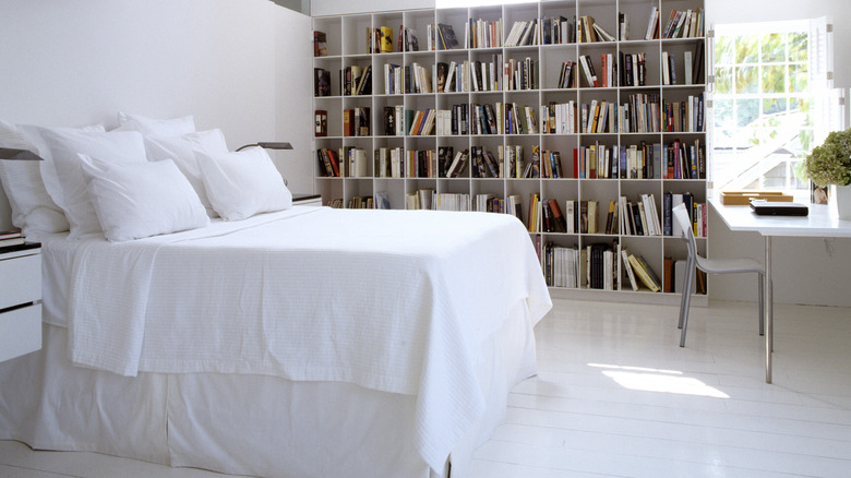 A wall lined with bookshelves provides insulation in this bedroom.