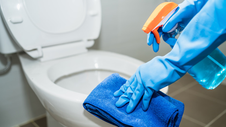 hands cleaning the toilet