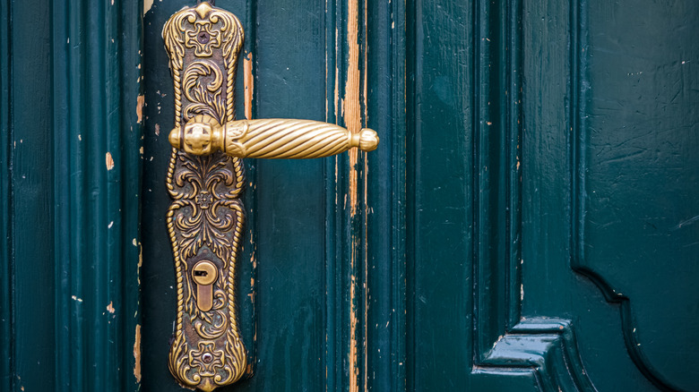 A closeup shot of a brass backplate door handle on an old green door