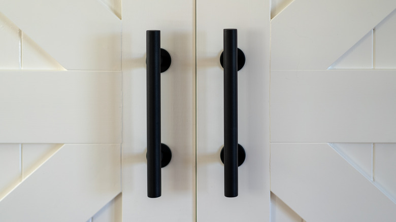 Two matte black pull handles are on a set of white double doors