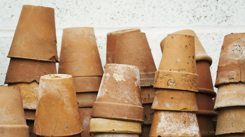 Stacks of terracotta pots upside down