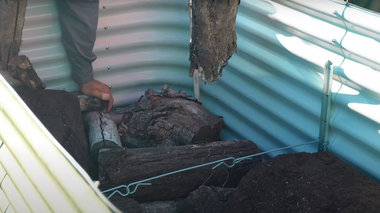 People placing logs into a large plant container