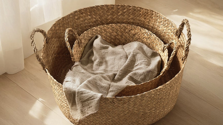 SANDJORD Basket with some cloth in it on the floor
