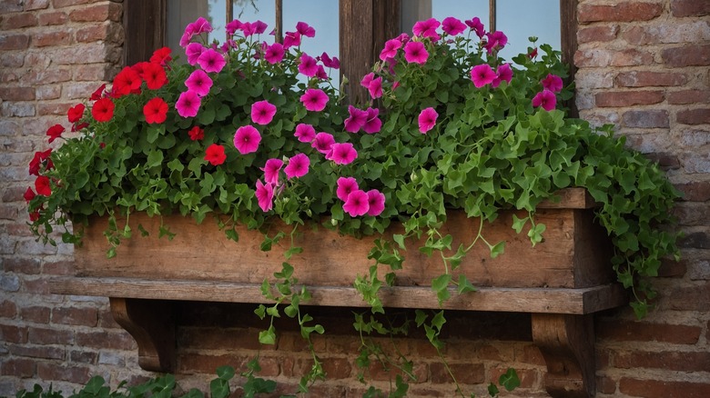 Red and pink petunias in window box.