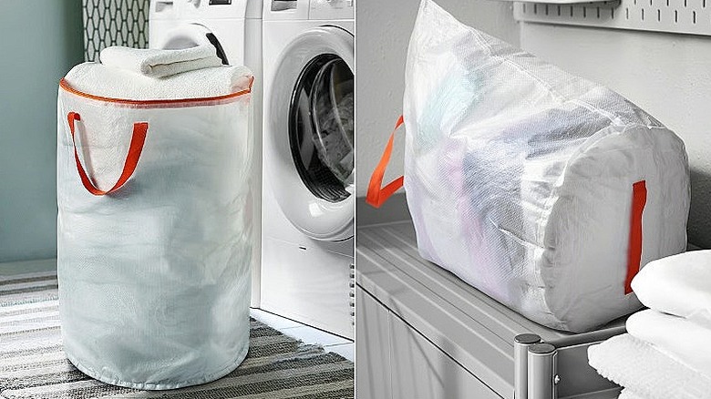 Split image of the IKEA Pärkla filled with towels and the Pärkla on its side showing the bottom handle