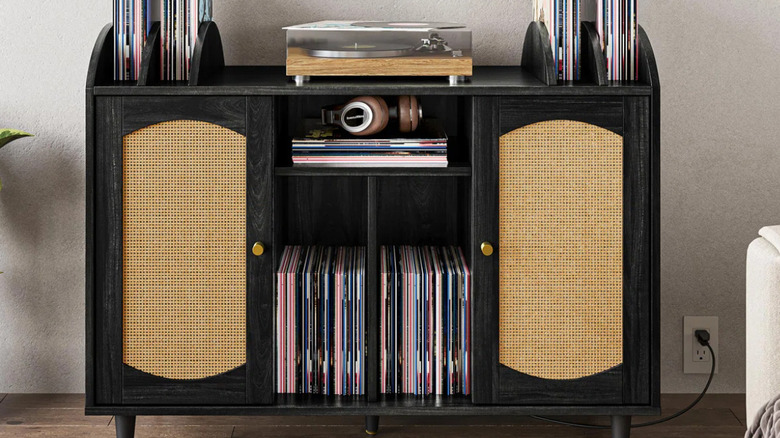 The black and rattan Beachcrest audio cabinet.