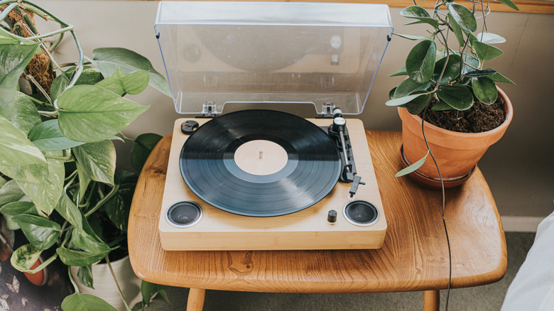 A close up of vinyl records.
