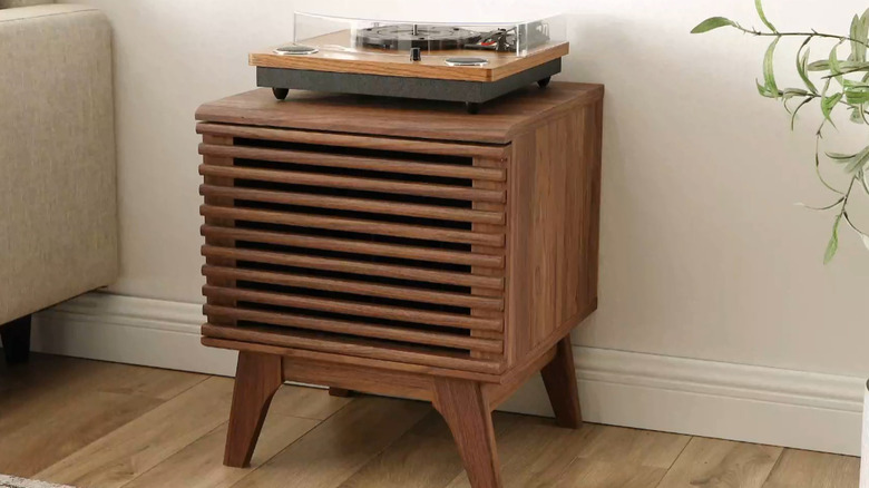 The Modway wooden vinyl record stand with a turntable on top.
