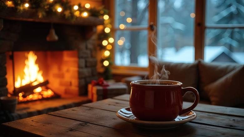 A mug of hot coffee in sitting on a wooden table in front of a burning fire in a cabin surrounded by snow