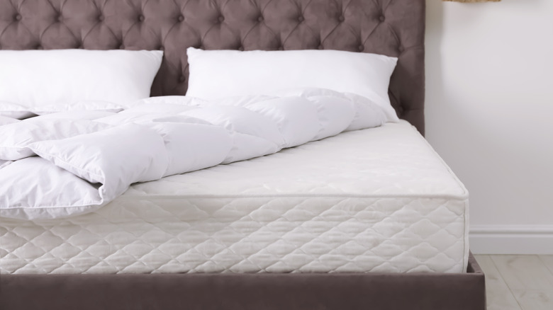 upholstered bed with mattress on top with white pillows and duvet