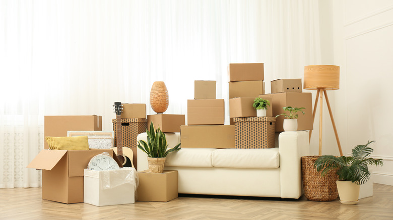 living room filled with boxes