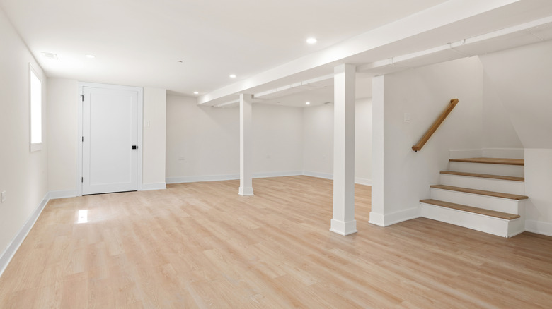 Stairs lead to a minimalist finished basement with lots of natural light