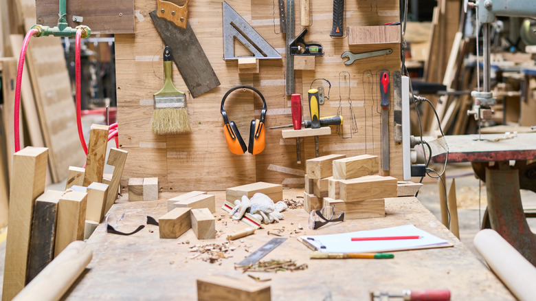 A workshop with a traditional solid hardwood bench