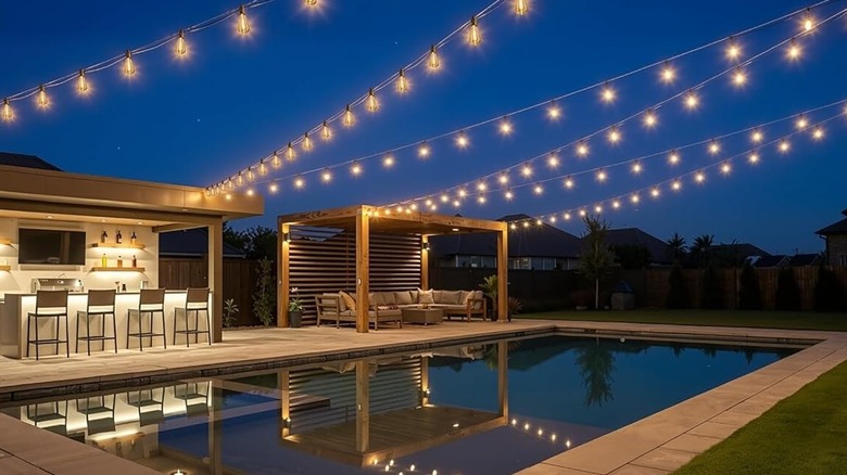 Outdoor hanging patio lights over a pool