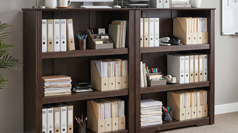 Two assembly-required bookshelves side-by-side with various office folders and stationary on them.