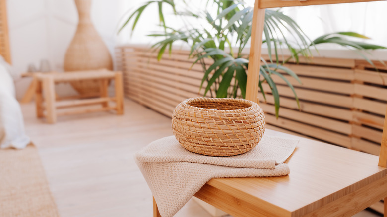 Storage basket on wooden table