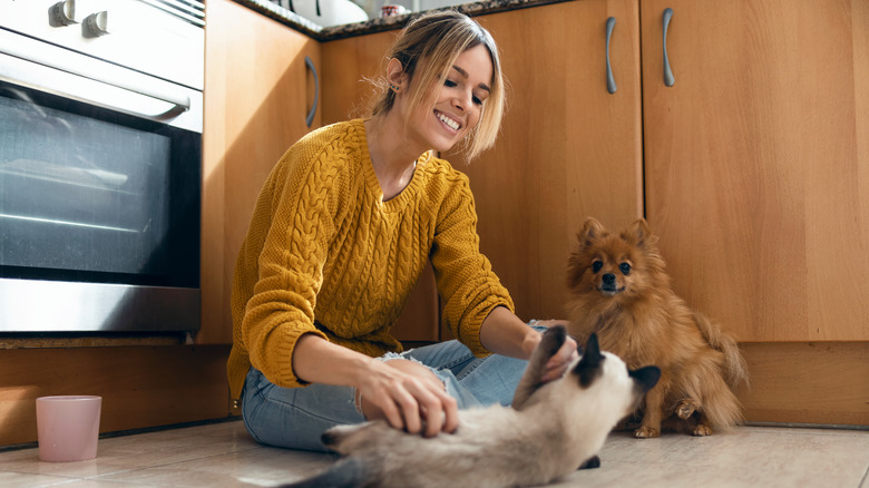 woman with a cat and dog