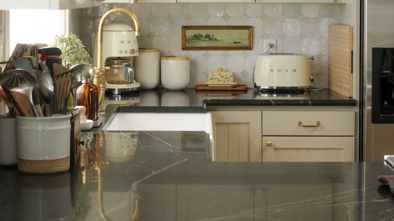 Dark-colored soapstone countertop in a kitchen