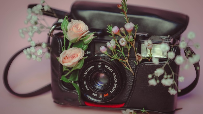 camera covered in flowers