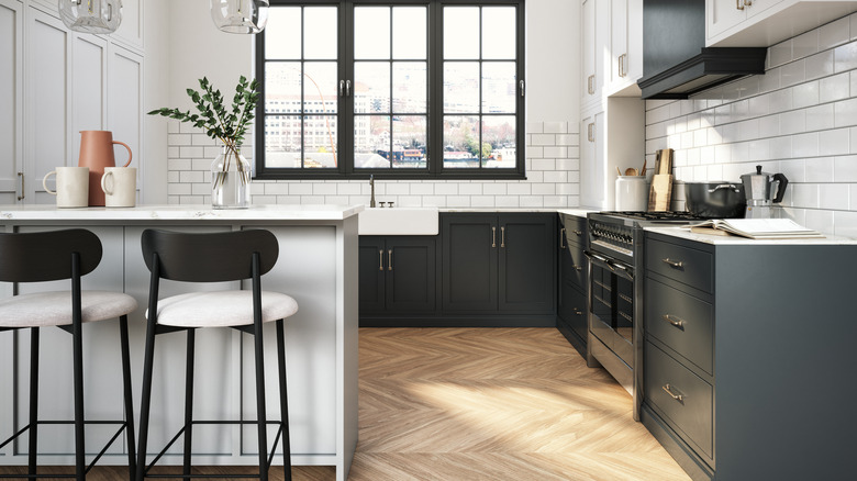 Black and white kitchen with wood flooring