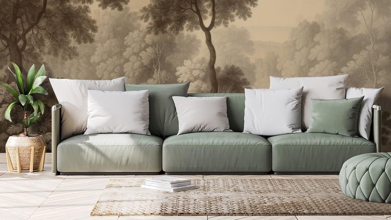 A living room with mural-style scenic wallpaper