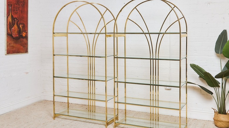 Two arched brass 1970s étagère shelving units