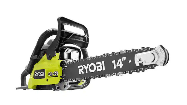 A green RYOBI 14-inch chainsaw