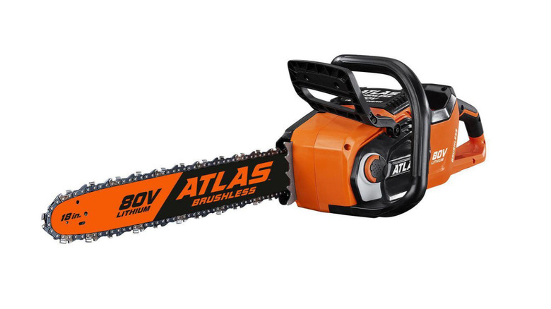 An orange Atlas cordless chainsaw