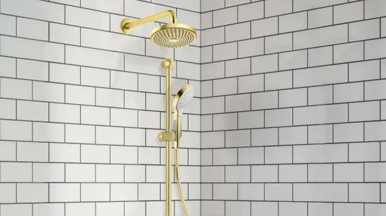 The Hansgrohe Complete Shower Set pictured against a subway tiled shower