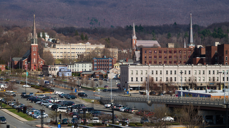 North Adams Massachusetts downtown view with mountains in the background
