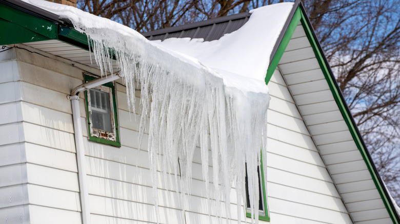 Gutters on a house roof clogged with ice