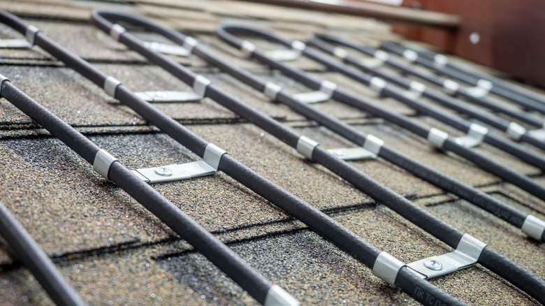 Heating cables on roof close-up