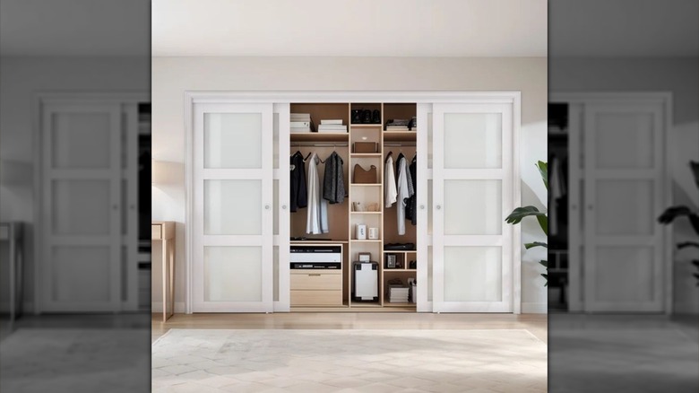 Four frosted closet doors are opened to reveal a well-organized closet.