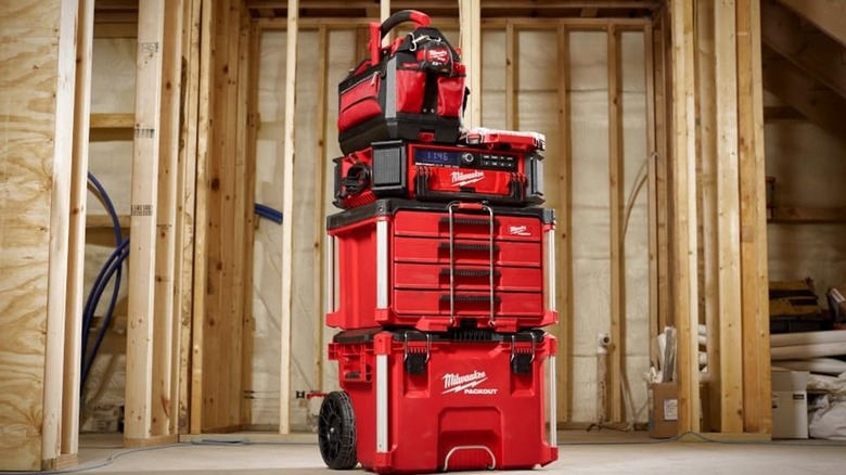 A stack of Milwaukee Packout tool storage boxes