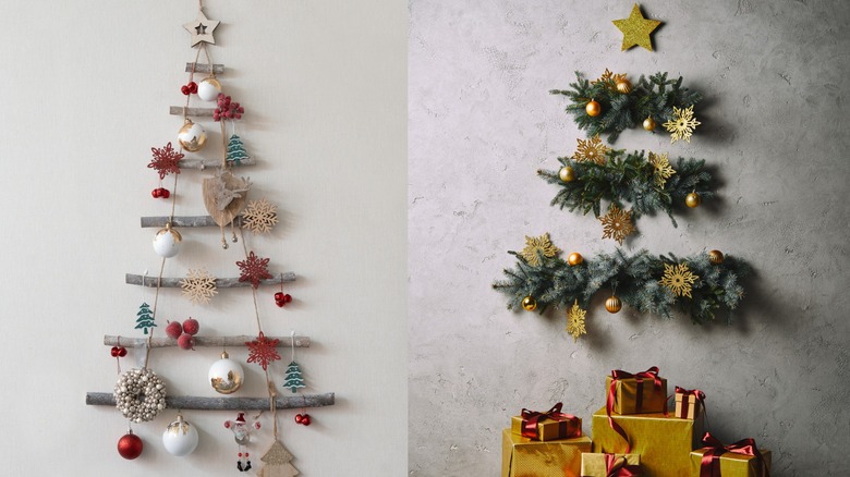 Side-by-side wall Christmas trees with wood, lights, and more