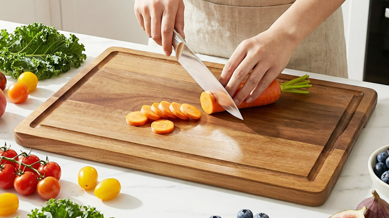 A person cutting a carrot into slices with a silver knife on the Kikcoin Acacia Wood Cutting Board
