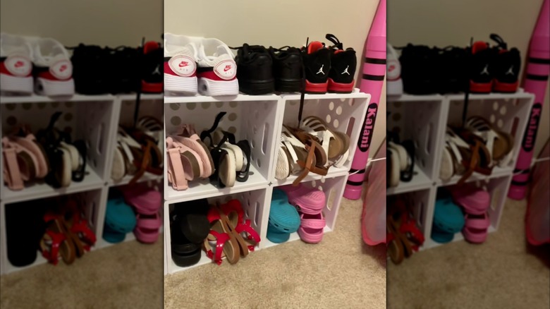 DIY shoe cubby packed with sneakers and sandals