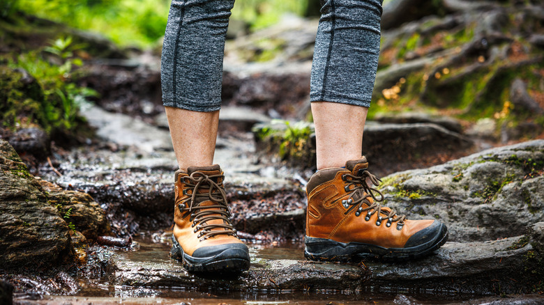 Woman wearing brown hiking boots outdoors