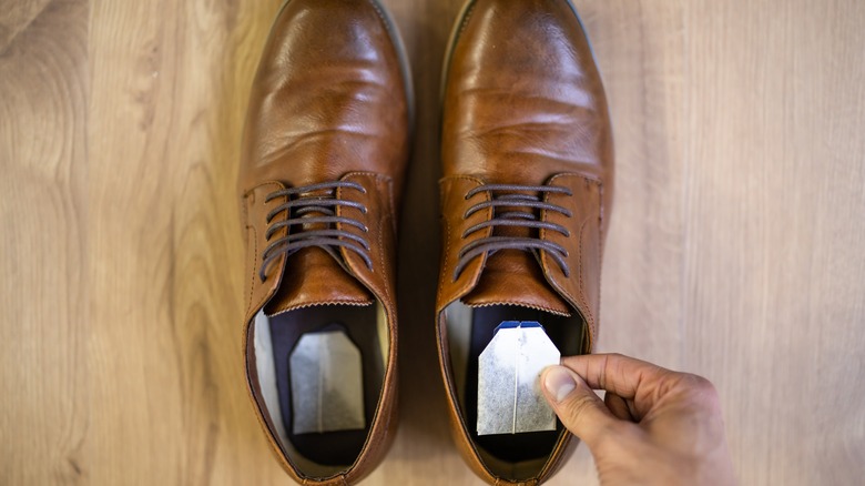 Hand putting tea bags in brown men shoes