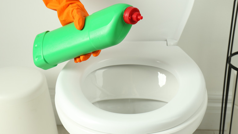 A person holding a bottle of toilet cleaner above a toilet