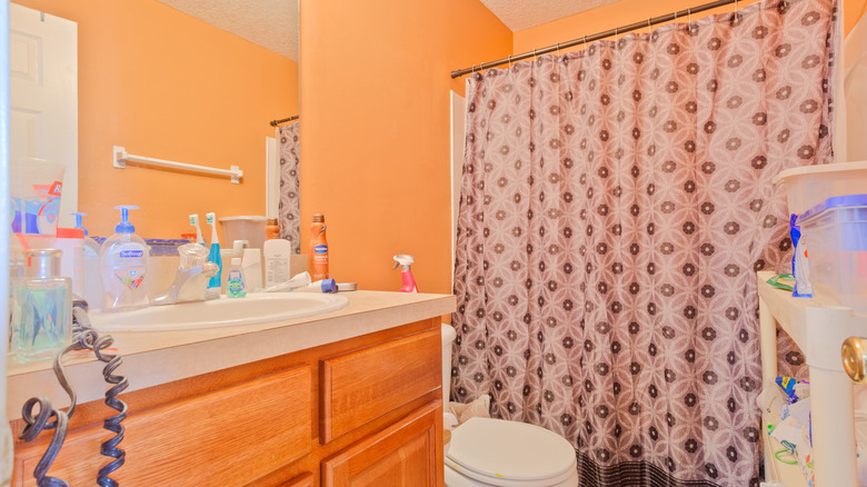 Cluttered bathroom countertop