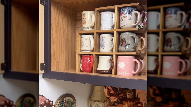 DIYer shows how to repurpose a thrifted wood wine rack as clever mug storage.