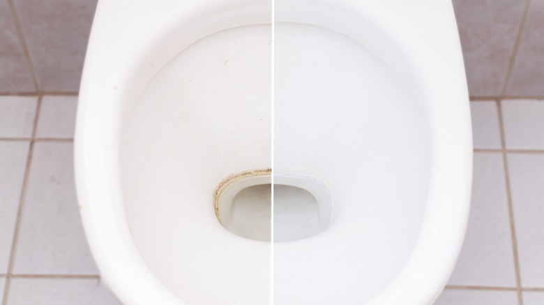 Before and after of cleaning the toilet