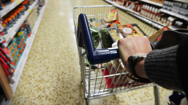 Hands pushing a shopping cart through Aldi supermarket aisle