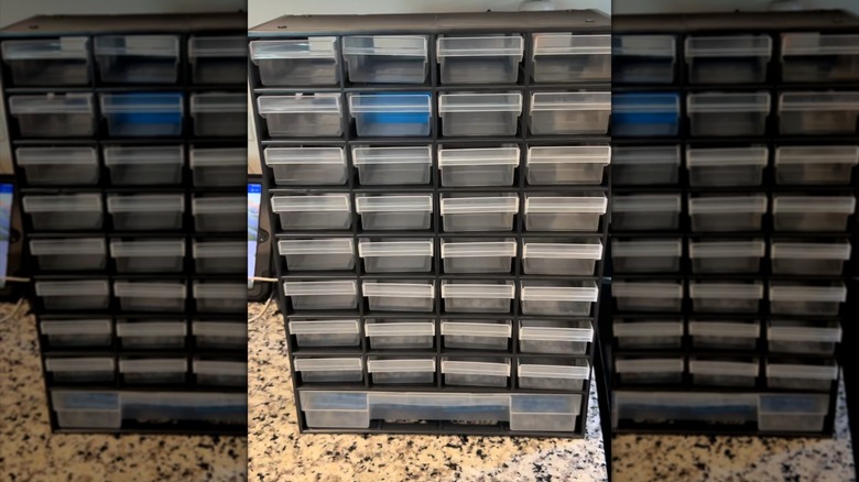 View of a 33 Drawer Organizer on a granite countertop